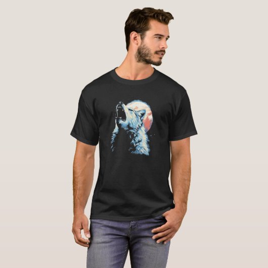 Wolf Howling With Full Moon in Background - Wolf L Tシャツ (正面フル)