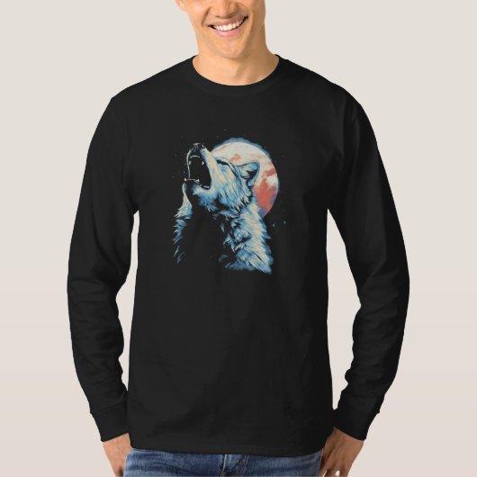 Wolf Howling With Full Moon in Background - Wolf L Tシャツ (正面)