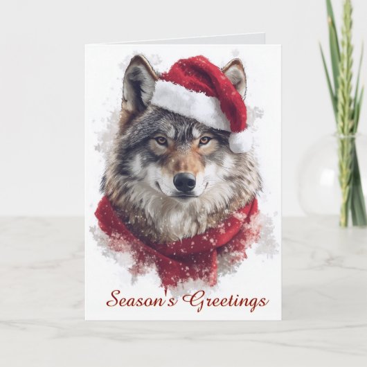Wolf in Santa Hat Christmas Card カード (正面)
