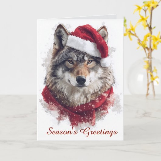 Wolf in Santa Hat Christmas Card カード (黄色い花)