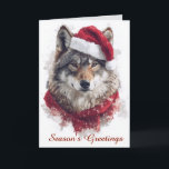 Wolf in Santa Hat Christmas Card カード<br><div class="desc">クリスマスカードはサンタ帽と赤いスカーフを被ったオオカミ…フロントカスタマイズの挨拶とカード内のメッセージの両方を好みに合わせて使用できる。</div>