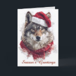 Wolf in Santa Hat Christmas Card カード<br><div class="desc">クリスマスカードはサンタ帽と赤いスカーフを被ったオオカミ…フロントカスタマイズの挨拶とカード内のメッセージの両方を好みに合わせて使用できる。</div>