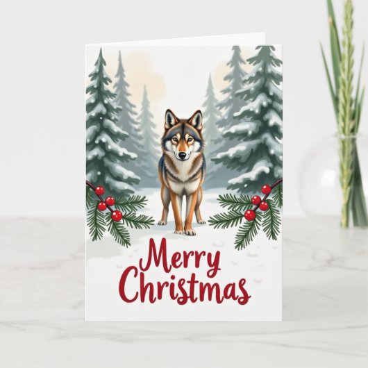 Wolf in Snow Merry Christmas Card Forest Scene カード (正面)