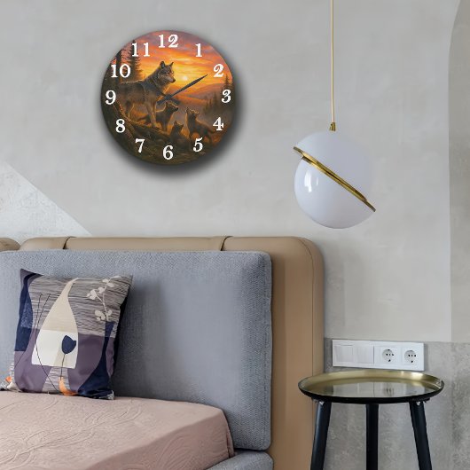 Wolf pack at golden sunset ラージ壁時計