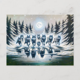 Wolf Pack Running Through a Winter Lake ポストカード