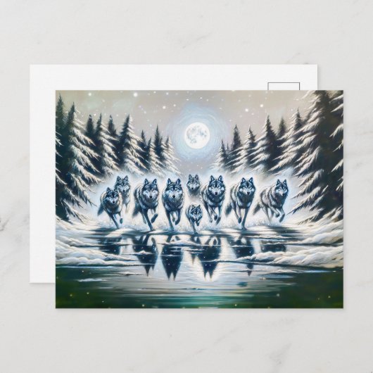 Wolf Pack Running Through a Winter Lake ポストカード (正面/裏面)