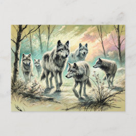 Wolf Pack Running Through Forest ポストカード