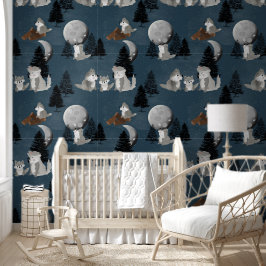 Wolf Pack Woodland Night Sky Moon Baby Nursery 壁紙