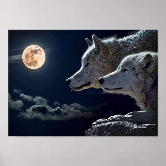 Wolf Pair Moon Night Gothic Fantasy Poster ポスター (正面)