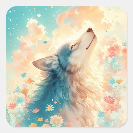 Wolf Portrait in Pastel Wildflower Meadow スクエアシール (正面)