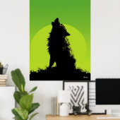 Wolf Poster – Howling Silhouette on Green ポスター (ホームオフィス)