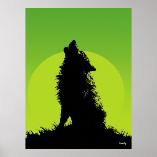 Wolf Poster – Howling Silhouette on Green ポスター (正面)
