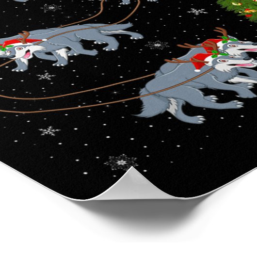 Wolf Santa Sleigh Flying Funny Magical Christmas P ポスター (角)