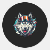Wolf Wearing Ski Snowboard Goggles Wolf Skiing Lov ラウンドシール (正面)