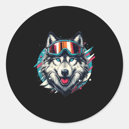 Wolf Wearing Ski Snowboard Goggles Wolf Skiing Lov ラウンドシール (正面)