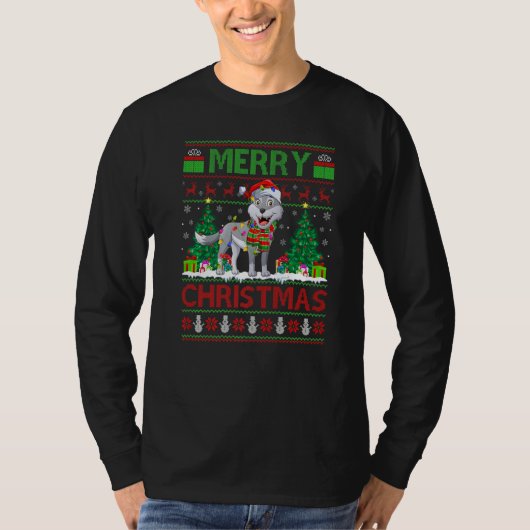 Wolf  Xmas Tree Lights Ugly Santa Wolf Christmas Tシャツ (正面)
