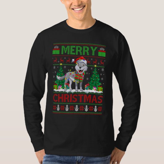 Wolf   Xmas Tree Lights Ugly Santa Wolf Christmas Tシャツ (正面)