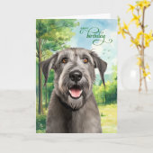 Wolfhound Dog Birthday Wishes Park with Oaks カード (黄色い花)