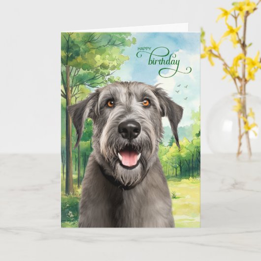 Wolfhound Dog Birthday Wishes Park with Oaks カード (黄色い花)