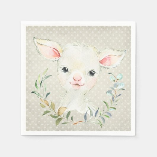 Wollie Lambert Lamb Neutral Napkin – ベビーシャワー スタンダードカクテルナプキン (正面)