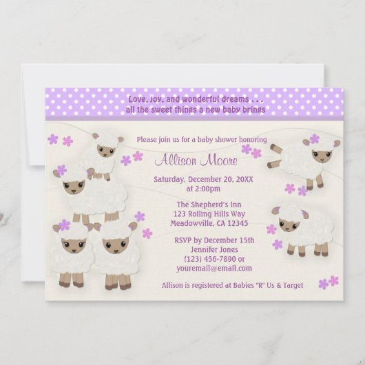 Wollyのヒツジの子ヒツジのベビーシャワーの招待のラベンダー 招待状 (正面)