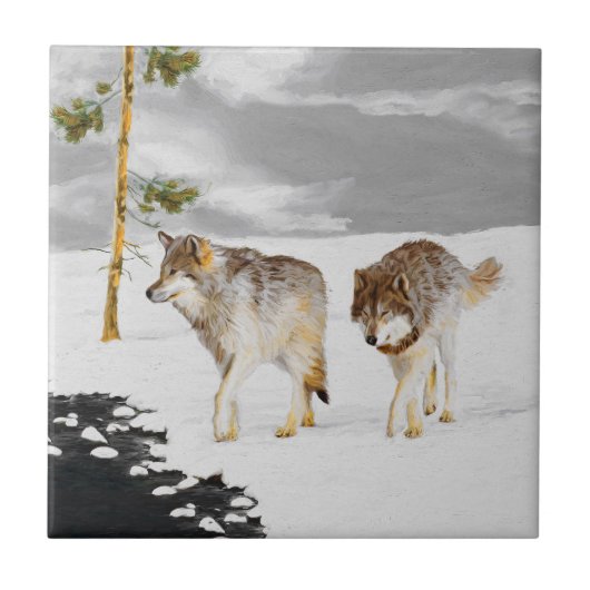 Wolves in Snow 絵画's -オリジナルワイルドライフアート タイル (正面)