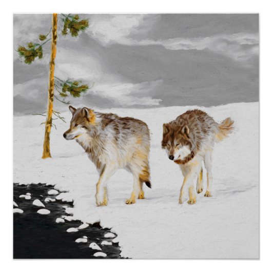 Wolves in Snow 絵画's -オリジナルワイルドライフアート ポスター (正面)