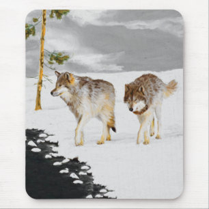 Wolves in Snow 絵画's -オリジナルワイルドライフアート マウスパッド
