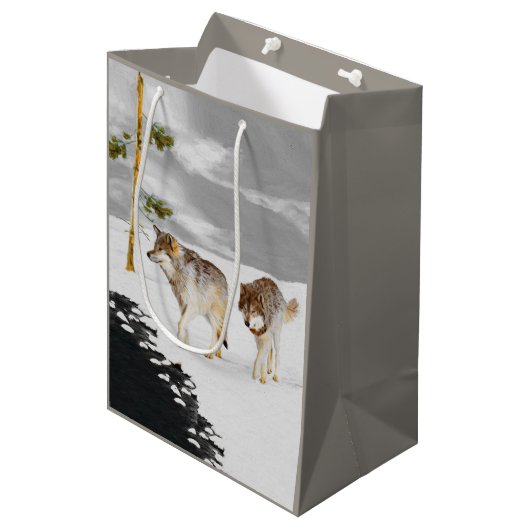 Wolves in Snow 絵画's -オリジナルワイルドライフアート ミディアムペーパーバッグ (正面アングル)