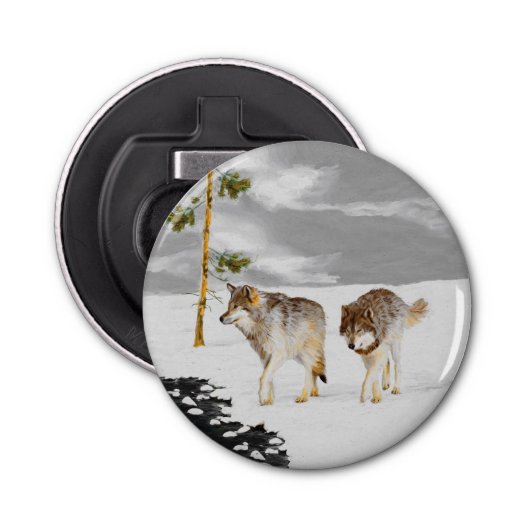Wolves in Snow 絵画's -オリジナルワイルドライフアート 栓抜き (正面)