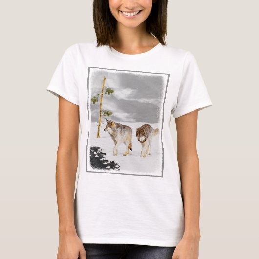 Wolves in Snow 絵画's -オリジナルワイルドライフアート Tシャツ (正面)