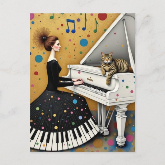 Woman and Cat at Piano Surreal ポストカード (正面)