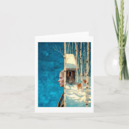 Woman and deer in snowy birch forest by cabin シーズンカード