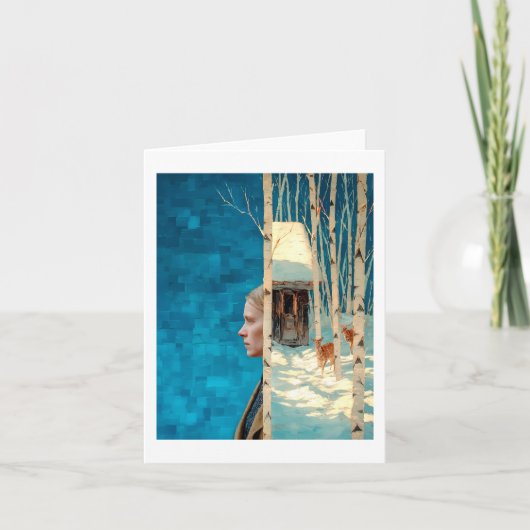 Woman and deer in snowy birch forest by cabin シーズンカード (正面)
