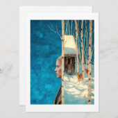 Woman and deer in snowy birch forest by cabin シーズンカード (正面/裏面)