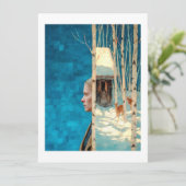 Woman and deer in snowy birch forest by cabin シーズンカード (スタンド正面)
