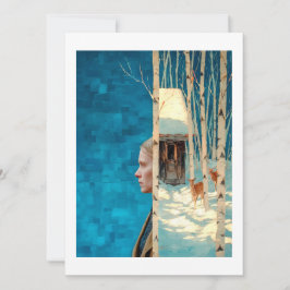Woman and deer in snowy birch forest by cabin シーズンカード