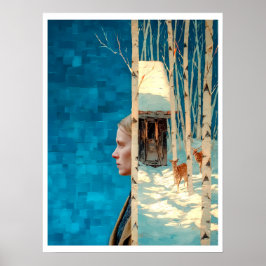 Woman and deer in snowy birch forest by cabin ポスター