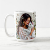 Woman and White Cat and Dandelions コーヒーマグカップ (左)