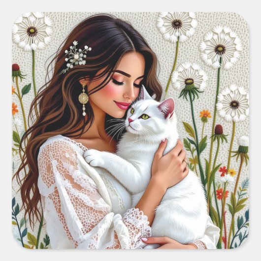 Woman and White Cat and Dandelions  スクエアシール (正面)