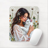Woman and White Cat and Dandelions  マウスパッド (マウス)