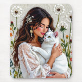 Woman and White Cat and Dandelions  マウスパッド (正面)