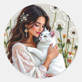 Woman and White Cat and Dandelions  ラウンドシール