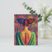 Woman Back View Colorful Buns Floral Pattern  ポストカード (スタンド正面)