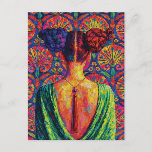 Woman Back View Colorful Buns Floral Pattern  ポストカード (正面)