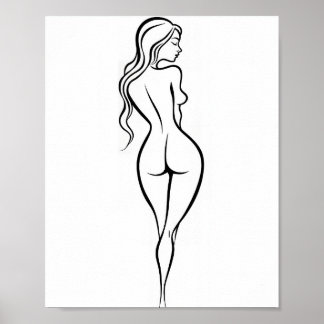 Woman Back View Minimalist Line Art Sketch ポスター