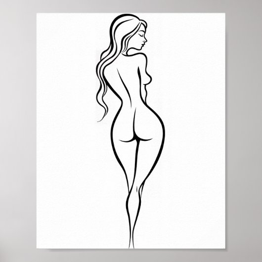 Woman Back View Minimalist Line Art Sketch ポスター (正面)