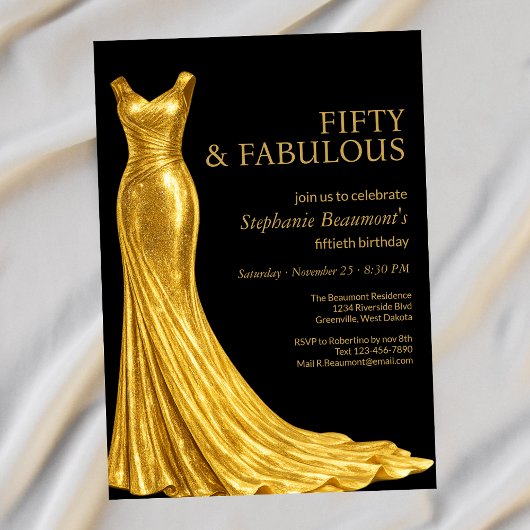 Woman Elegant Fabulous Golden Dress 50th Birthday 招待状