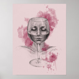 Woman face in wine glass surreal drawing art ポスター