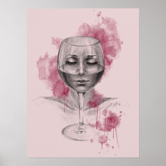 Woman face in wine glass surreal drawing art ポスター (正面)